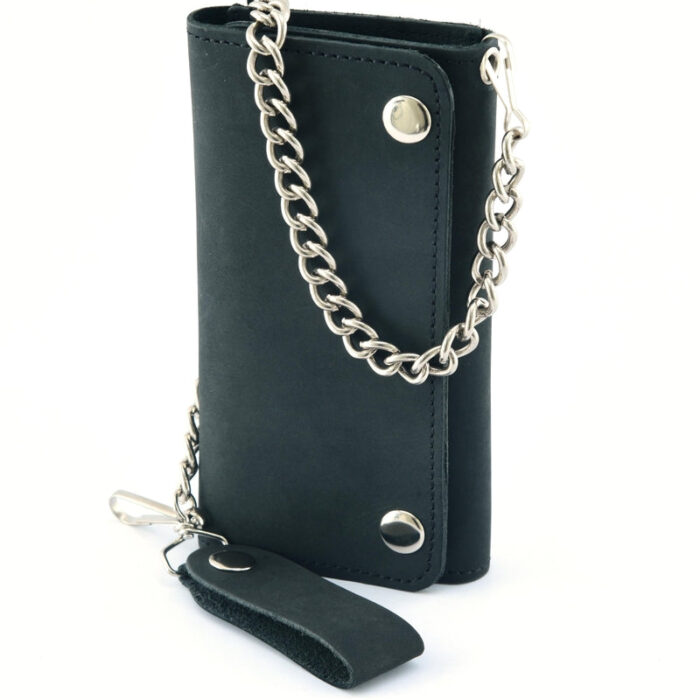 BWC238 Matte Black Biker Leather Wallet with Chain